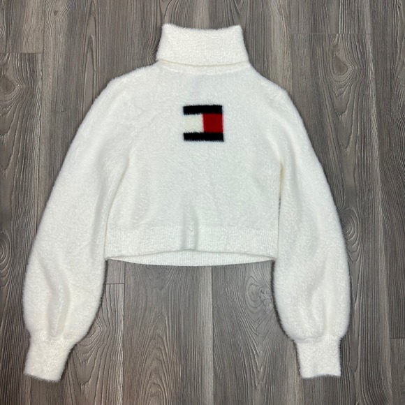 Tommy Hilfiger Sweaters - Tommy Jeans White Sweater‎ - SIZE S Cropped Turtleneck Fuzzy Y2K Preppy